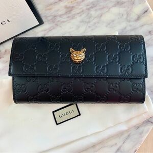 🐱 GUCCI Cat Crystal Rhinestone Guccissima Monogram Logo Embossed Leather Wallet